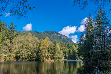 View at Mountain Lake with Blue Sky in British Columbia, Canada.