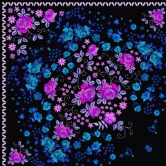 Quarter of spanish bandana print with pink and blue floral embroidery. Silk neck scarf with beautiful flowers and leaves. Summer kerchief square pattern.