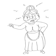 Old lady, granny, angry and furious, yelling and pointing her finger. Original hand drawn illustration.