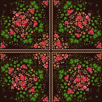 Embroidery seamless pattern with red and green rose flowers and leaves. Beautiful shawl. Ethnic square rug. Russian style. Lovely tablecloth.