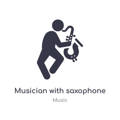 musician with saxophone outline icon. isolated line vector illustration from music collection. editable thin stroke musician with saxophone icon on white background
