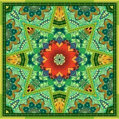 Red tulip collection. Carpet or bandana print green ornamental pattern. Islamic motif.