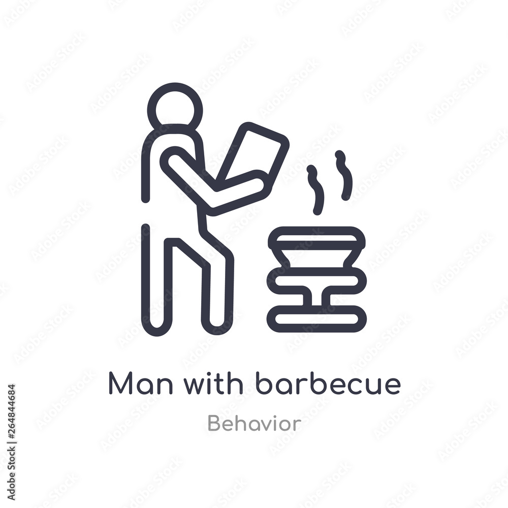 Poster man with barbecue outline icon. isolated line vector illustration from behavior collection. editable