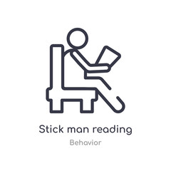 stick man reading outline icon. isolated line vector illustration from behavior collection. editable thin stroke stick man reading icon on white background