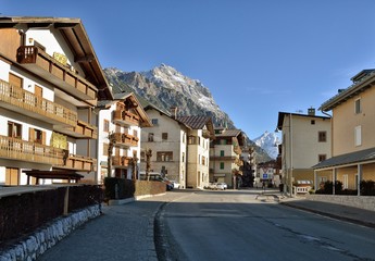 Cortina d'Ampezzo in Italy. Beautiful sunny winter day. Rocks on background.