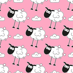 Sheep. Seamless Pattern. Vector Illustration. Cartoon Sheep Background. Print.