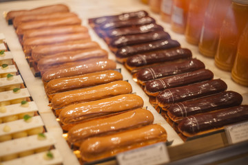 Bakery product assortment. Classic french pastries.  Delicious baking top vew copy space for text.