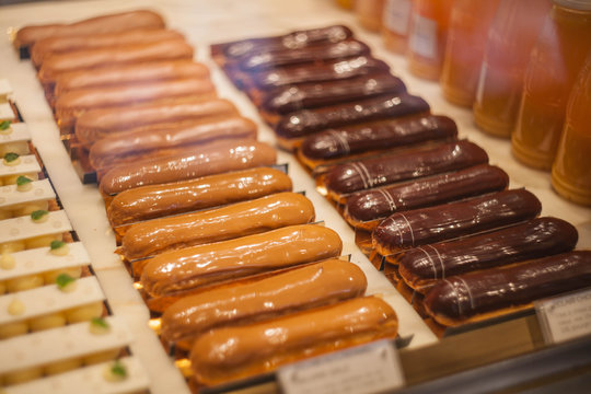 Bakery product assortment. Classic french pastries.  Delicious baking top vew copy space for text.