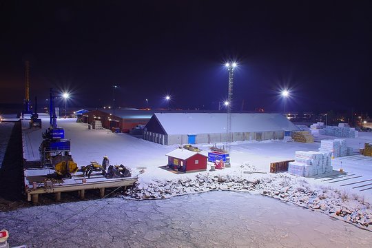 Port of Pitea during winter night