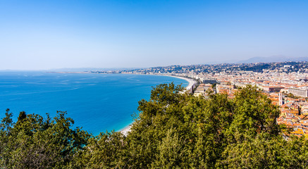 Fototapeta premium Panorama of Nice, France on the Cote d'Azur French Riviera, Mediterranean Sea seen from Castle Hill