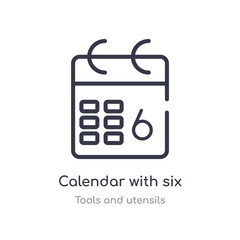 calendar with six days outline icon. isolated line vector illustration from tools and utensils collection. editable thin stroke calendar with six days icon on white background