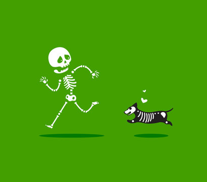 A Dog Chasing A Skeleton. Isolated Vector Illustration