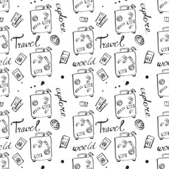 travel baggage seamless pattern . fashion hand drawn ink style with black contour lines isolated on white backgrownd. repeatable texture for textile fabric , wrapping paper background illustration