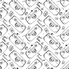 travel baggage seamless pattern . fashion hand drawn ink style with black contour lines isolated on white backgrownd. repeatable texture for textile fabric , wrapping paper background illustration