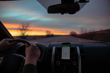 car travel concept. rental. sunrise at road