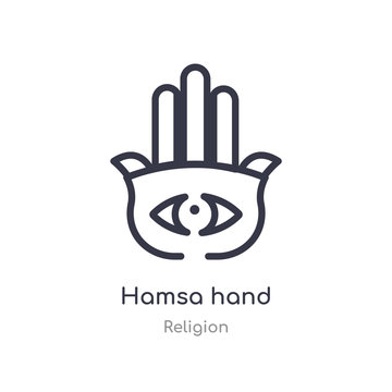 hamsa hand outline icon. isolated line vector illustration from religion collection. editable thin stroke hamsa hand icon on white background