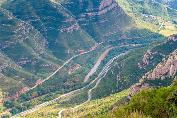 Breathtaking view from Montserrat mountain range on a sunny summer day, Catalonia, Spain