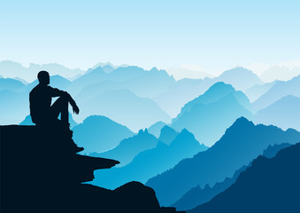 Man looking at the mountains. Flat mountain  landscape. Morning in the mountains. Tourism and travelling. Vector flat design