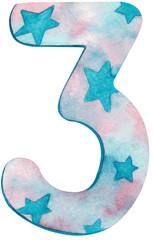 Watercolor number three with pink and blue colors and stars.