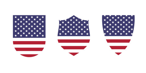 Vintage shield with USA American flag set, isolated on white background, vector illustration.