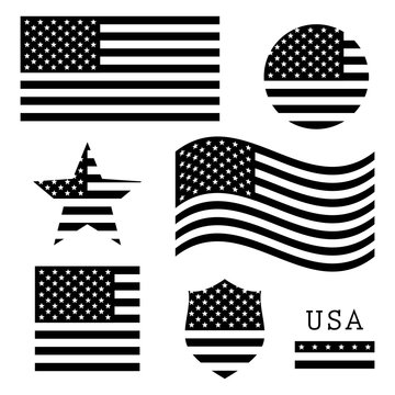 Vintage USA American flag set, black isolated on white background, vector illustration.