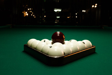 Billards pool game. Green cloth table with white balls