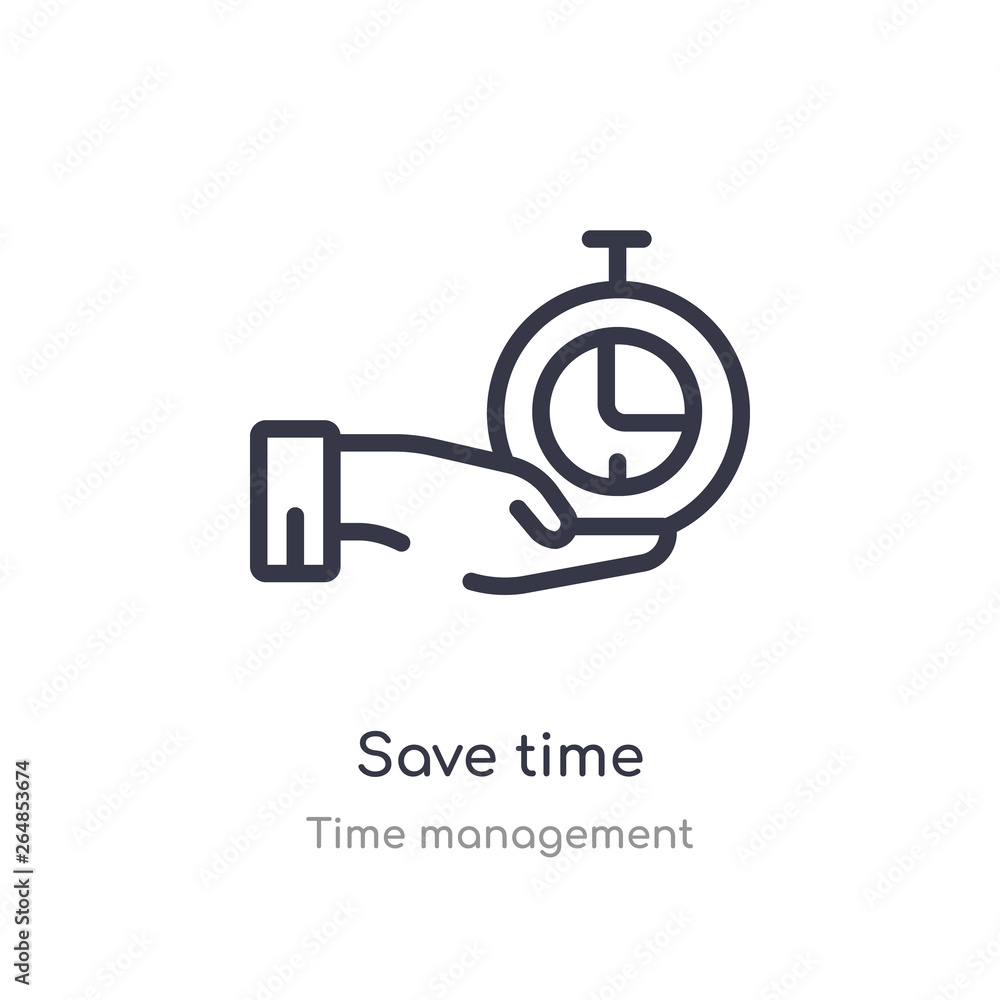 Poster save time outline icon. isolated line vector illustration from time management collection. editable 
