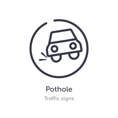 Obraz premium pothole outline icon. isolated line vector illustration from traffic signs collection. editable thin stroke pothole icon on white background