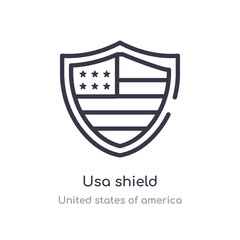 Naklejka premium usa shield outline icon. isolated line vector illustration from united states of america collection. editable thin stroke usa shield icon on white background