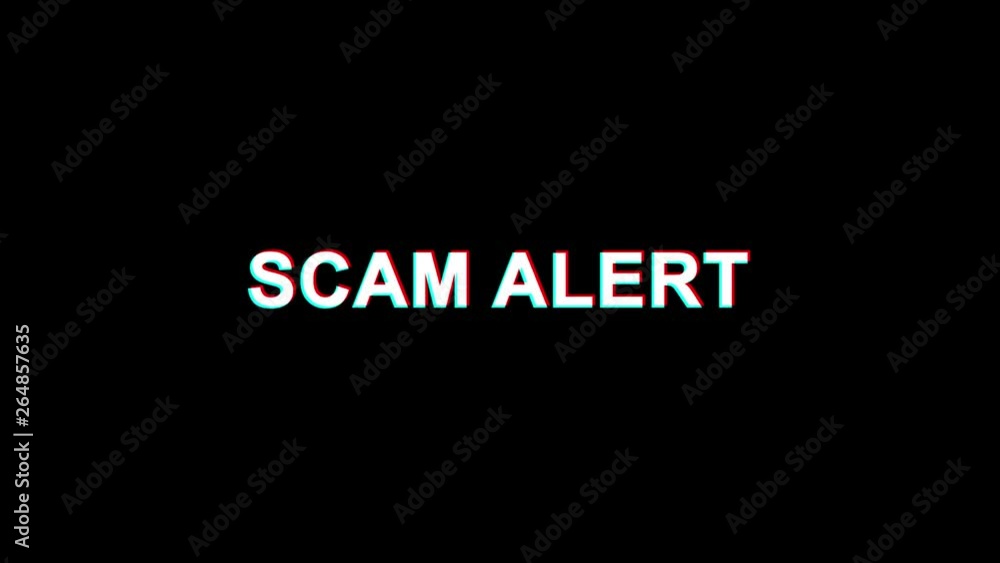 Poster scam alert glitch text abstract vintage twitched 4k loop motion animation . black old retro digital 