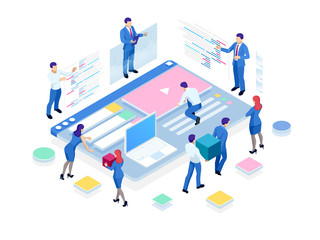 Isometric SEO analytics team concept. Contents creation specialist and article writers. Writing service, IT specialists, search engine optimization analysis