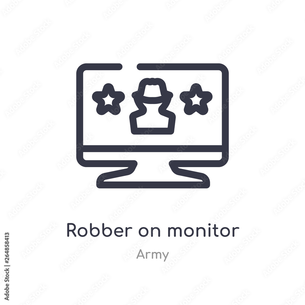 Poster robber on monitor outline icon. isolated line vector illustration from army collection. editable thi