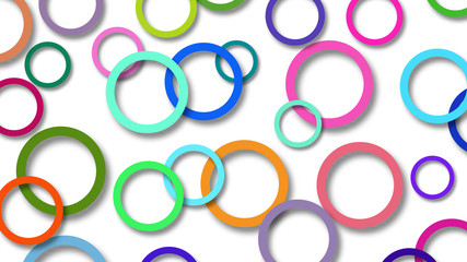 Abstract illustration of randomly arranged colored rings with soft shadows on white background
