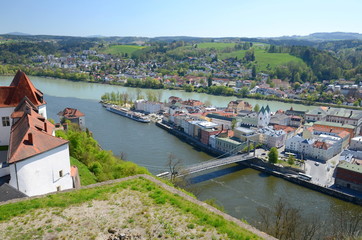 Fototapeta na wymiar Panoramic view of Passau and the confluence of the rivers Danube and Inn