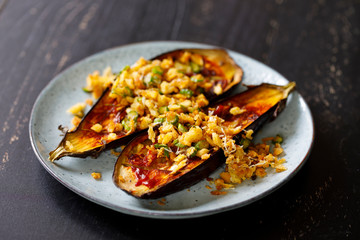 Spicy roast aubergine with breadcrumbs and asparagus