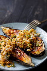 Spicy roast aubergine with breadcrumbs and asparagus