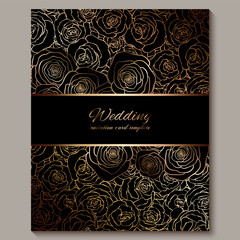 Luxury gold vintage wedding invitation, floral background with place for text, lacy foliage made of roses with golden shiny gradient. Victorian wallpaper ornaments, baroque style template for design