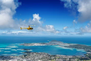 Fototapeten Aerial view of helicopter from high a ridge trail on Oahu, Hawaii overlooking Kaneohe, Kailua and the windward side of the island © Allen.G