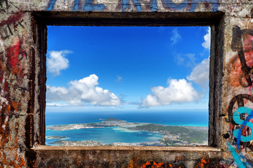 View of Oahu, Hawaii's windward side from an old bunker on a mountain on the Koolau range