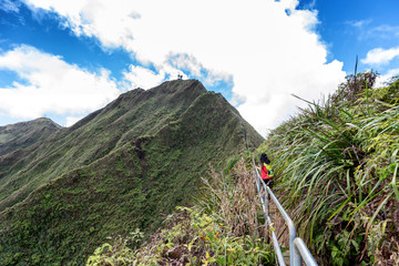 Hiker on a lush a ridge trail on Oahu, Hawaii overlooking Kaneohe, Kailua and the windward side of the island