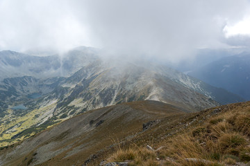 Amazing Panoramic view of hills covered with fog from Musala peak, Rila mountain, Bulgaria