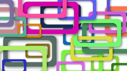Abstract illustration of randomly arranged colored rectangle frames with soft shadows on white background