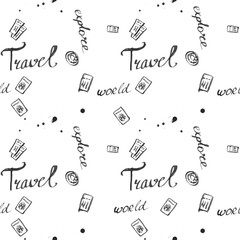 travel baggage seamless pattern. fashion hand drawn ink style with black contour lines isolated on white background. repeatable texture for textile fabric wrapping paper vector illustration