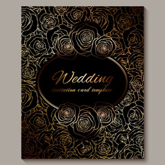 Luxury gold vintage wedding invitation, floral background with place for text, lacy foliage made of roses with golden shiny gradient. Victorian wallpaper ornaments, baroque style template for design