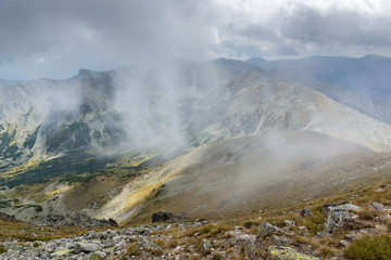 Amazing Panoramic view of hills covered with fog from Musala peak, Rila mountain, Bulgaria
