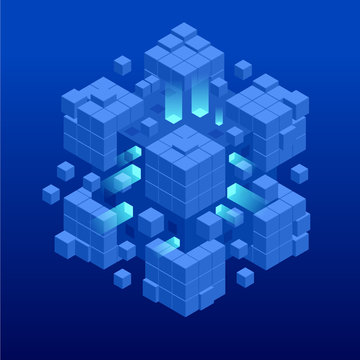 Isometric abstract blue cube design. Digital Technology Web Banner. BIG DATA Machine Learning Algorithms. Analysis and Information.
