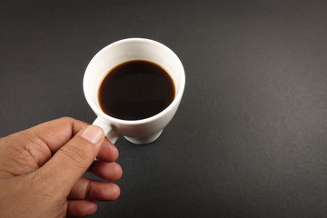 Office leather desk table with coffee cup. Top view with copy space