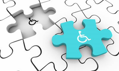 Fototapeta premium Wheelchair Disabled Person Symbol Disability Puzzle Piece Solve Solution 3d Illustration