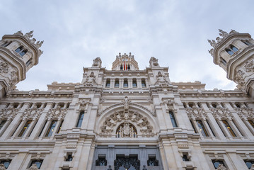 Front view of Cybele Palace on a Cybele Square in Madrid, capital city of Spain