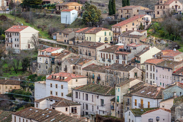Fototapeta na wymiar Aerial view with houses in Sepulveda, small historical town in Segovia region of Spain